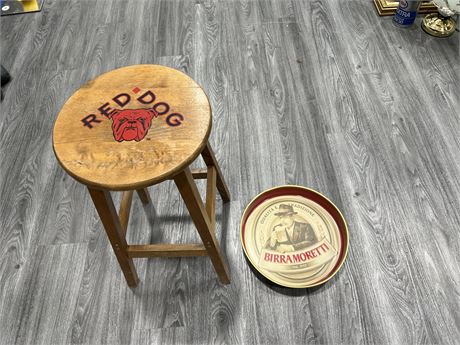 VINTAGE RED DOG STOOL - MADE IN CANADA & VINTAGE STYLE METAL TRAY