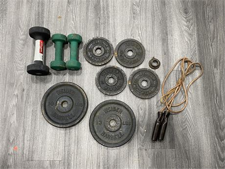 LOT OF WEIGHTS, DUMBBELLS & SKIPPING ROPE