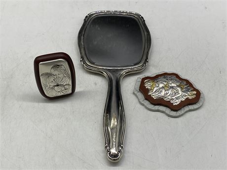 LAMINATO AG 2 SILVER ITALY PLAQUES SIGNED + SILVER HAND MIRROR