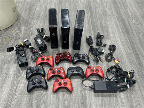 XBOX 360 LOT - 3 CONSOLES, CORDS, 9 CONTROLLERS - AS IS