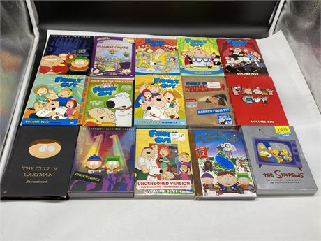 15 FAMILY GUY/ SOUTH PARK/ SIMPSONS DVD SETS - 5 SEALED REST ARE MINT COND.