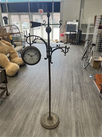 METAL RUSTIC WEATHER VANE / CLOCK STAND - 68” TALL - CLOCK NEEDS TO BE TIGHTENED