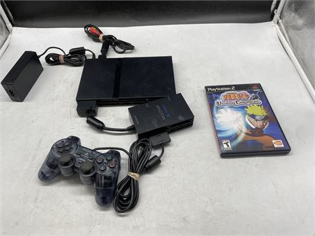 PS2 SLIM SYSTEM WITH MULTITAP, CONTROLLER, & GAME (MISSING POWER CORD)