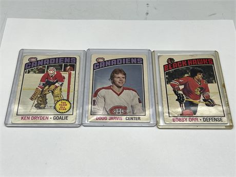 (3) 1976/77 OPC NHL CARDS - ORR, DRYDEN, ROOKIE JARVIS