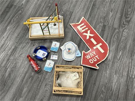 OLYMPICS COLLECTABLES + VINTAGE STYLE EXIT SIGN, COUGAR TRACK & ECT