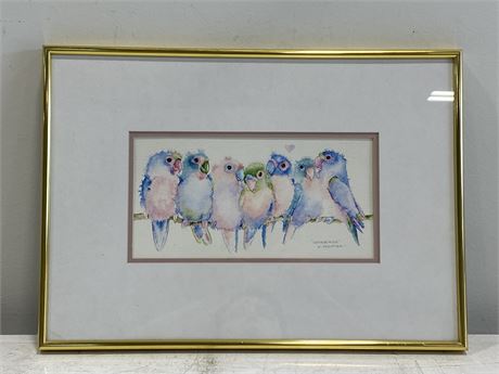 FRAMED WATERCOLOUR PRINT BY VAL YOU PFEIFFER “LOVEBIRDS” (17.5”X12.5”)