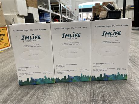 3 NEW IMLIFE BIODEGRADABLE KITCHEN BAGS (100/BOX 300 TOTAL)