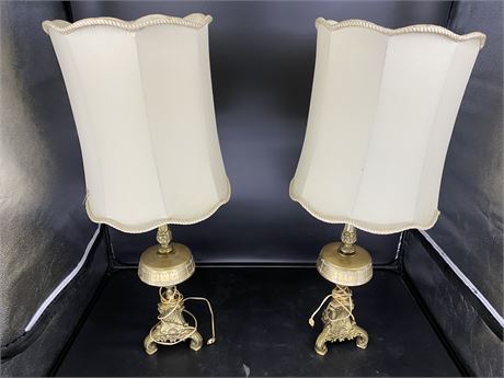 2 BRASS LEVITON LAMPS (1 shade is damaged)