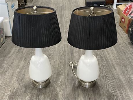 PAIR OF LARGE GLASS LAMPS (28” TALL)