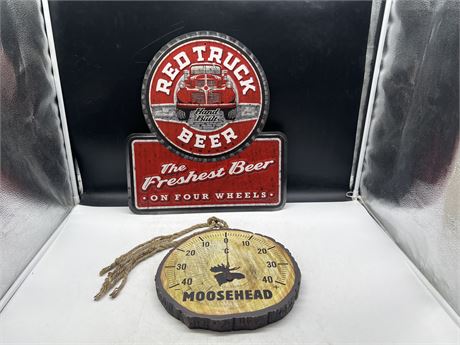 RED TRUCK BEER SIGN + HEAVY PLASTER MOOSE HEAD THERMOSTAT 12” DIAM
