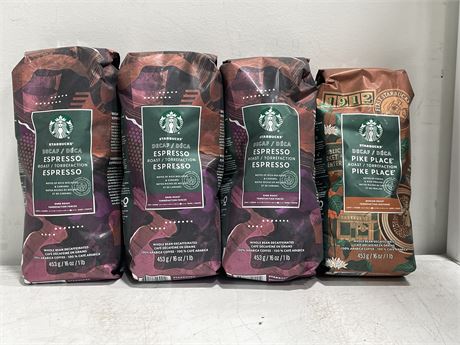 4 NEW BAGS OF STARBUCKS DECAFE COFFEE (EXPIRES 2024 AL,10)