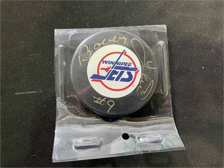 SIGNED BOBBY HALL JETS PUCK