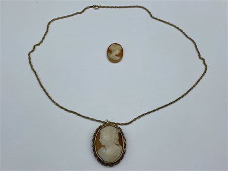 2 VINTAGE VICTORIAN CAMEO SHELLS (CHAIN IS 22”)