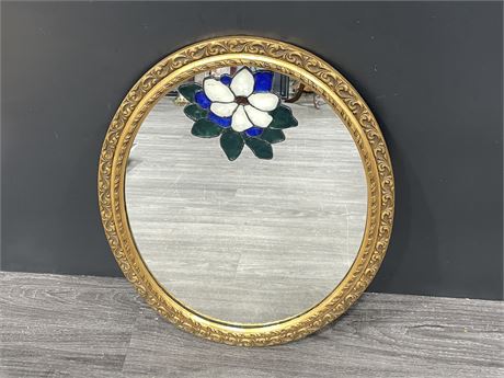VINTAGE OVAL MIRROR W/ STAINED GLASS 23”x18”