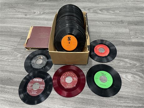 BOX OF 45’S & HOLDER BOOK - CONDITION VARIES