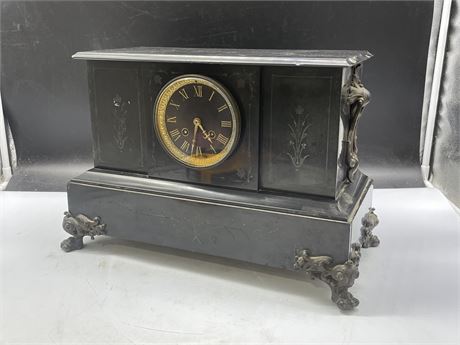 HEAVY FRENCH MARBLE MECHANICAL MANTLE CLOCK - 16” X 11” X 8”