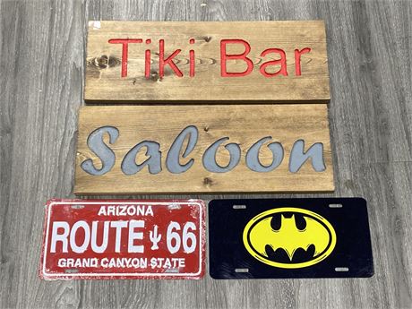 2 WOODEN BAR SIGNS (19.5”X7”) & 2 LICENSE PLATES