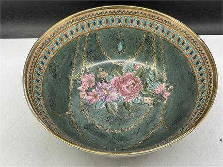 ANTIQUE STUNNING TURQUOISE GOLD ENCRUSTED FLORAL LARGE FOOTED DECORATIVE BOWL