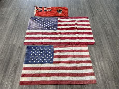 3 VINTAGE CANADIAN / AMERICAN FLAGS - LARGEST IS 58”x34”