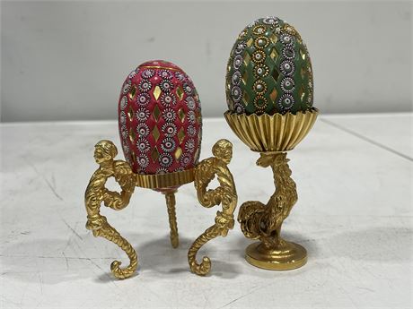 2 FABERGE EGGS WITH STANDS 5”