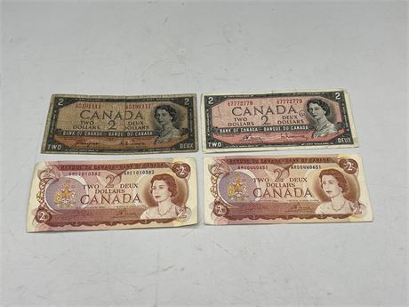 (4) 1954 & 1974 CANADIAN $2 BILLS (DEVILS FACE)