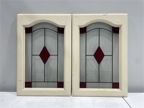 2 VINTAGE STAINED GLASS WINDOWS - 22”x15” (SMALL CRACKS ON BOTH)