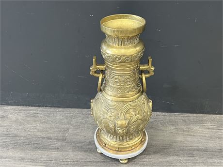 VERY HEAVY VINTAGE BRASS CHINESE VASE W/MARBLE BASE (18” tall)