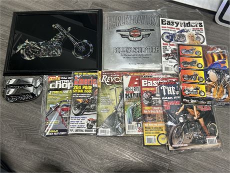 HARLEY/MOTORCYCLE LOT - MAGAZINES, BOOK, PICTURE + OTHER