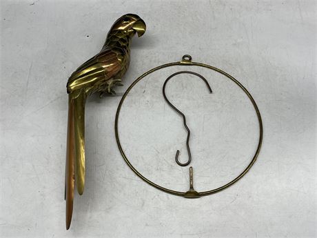 HANGING BRASS PARROT WITH PERCH 17”