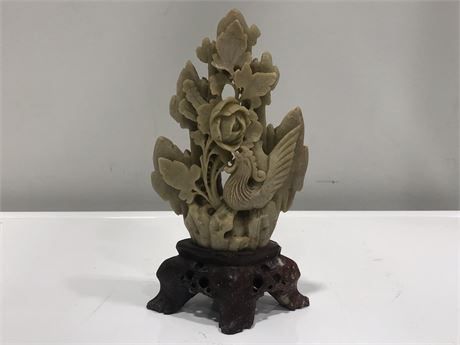 LARGE CARVED SOAPSTONE WITH ROOSTER AND FLORAL DESIGN 8” TALL