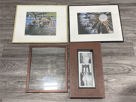 2 SIGNED PICTURES, LEATHER PICTURE FRAME & GLASS PICTURE FRAME