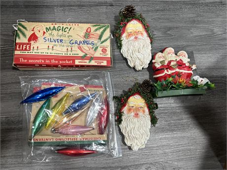 VINTAGE XMAS ORNAMENTS (Far right piece is a blow mold)