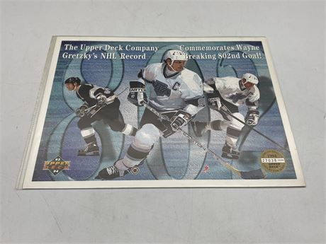 LIMITED EDITION UPPER DECK 8x10” COLLECTOR CARD GRETZKY 802 GOAL RECORD