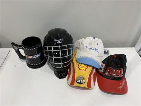 CANADIAN CLUB HELMET CHIP BOWL, NASCAR BEER STEIN & 3 HATS