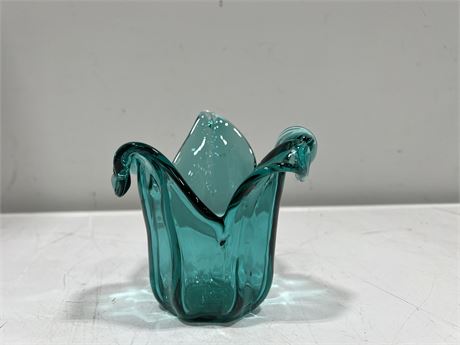 TAGGED MURANO TEAL ART GLASS VASE - 5.5”