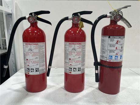3 FULLY CHARGED 5LB ABC FIRE EXTINGUISHERS