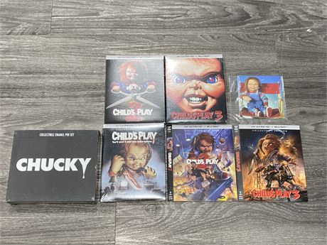 CHILDS PLAY LOT - DVD’S, PIN SET ETC. (3 ITEMS SEALED)
