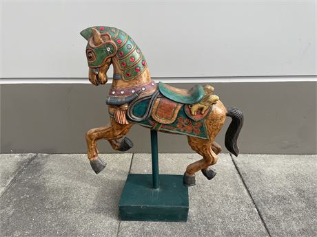 VINTAGE SOLID WOOD CAROUSEL HORSE ON STAND - 40” WIDE 53” TALL
