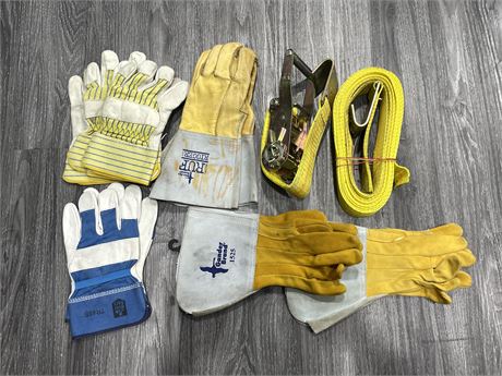 2 TIE DOWNS / ASSORTED WORK GLOVES - SOME NEW
