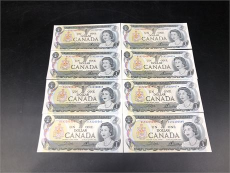 8 SEQUENCED 1973 CANADIAN 1$BILLS (357-360/377-380)