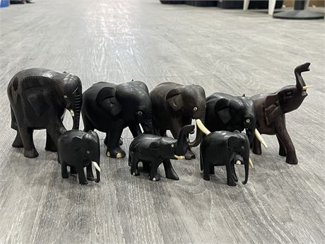 8 EBONY + IVORY VINTAGE WOODEN ELEPHANTS