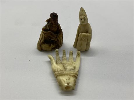 3 SMALL POSSIBLY IVORY ASIAN CARVINGS (1”)