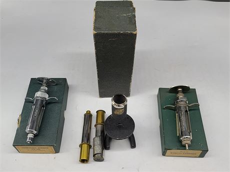 2 VINTAGE VETRINARY SYRINGES & OLD EARTH MICROSCOPE (As is)