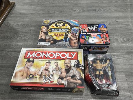 4 WRESTLING COLLECTABLES / BOARD GAMES INCL SEALED TRIVIAMANIA GAME