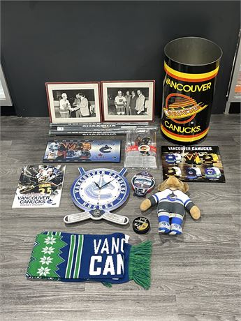 CANUCKS LOT - GARBAGE CAN / CLOCK / POSTERS / VINTAGE PHOTOS / TOYS - ECT