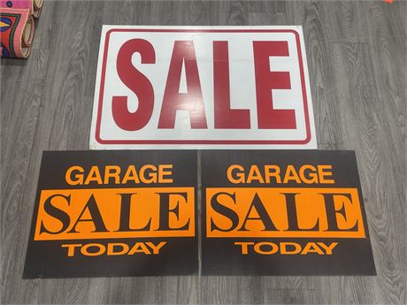 3 ASSORTED SIGNS - SALE & GARAGE SALE TODAY (LARGEST 36”x24”)