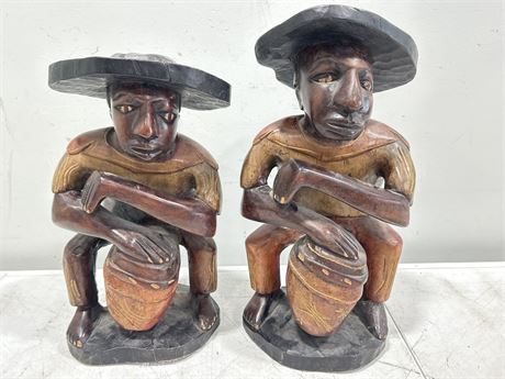 2 INDIGENOUS STYLE WOOD CARVED STATUES - SIGNED - TALLEST IS 18”