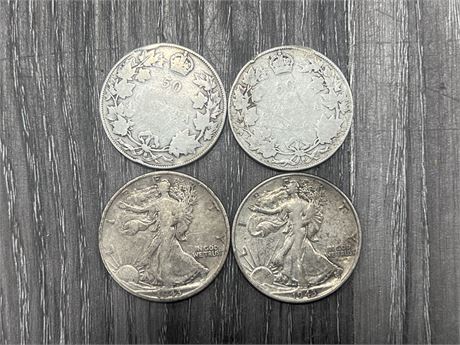(4) 1940’s SILVER CANADIAN / AMERICAN 50 CENT COINS