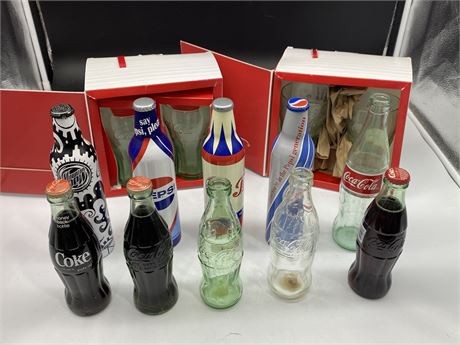 COCA COLA GLASSES & MISC POP COLLECTABLE BOTTLES (7 unopened)