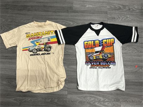2 VINTAGE SINGLE STITCH RACING SHIRTS - DATED 1982 - 1 W/HANES BEEFY TAG